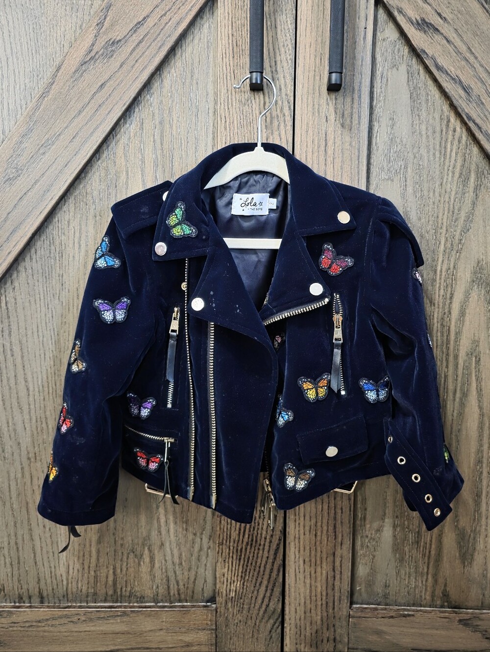 Lola + The Boys Navy Velvet Moto Jacket with Multicolor Butterfly Patches